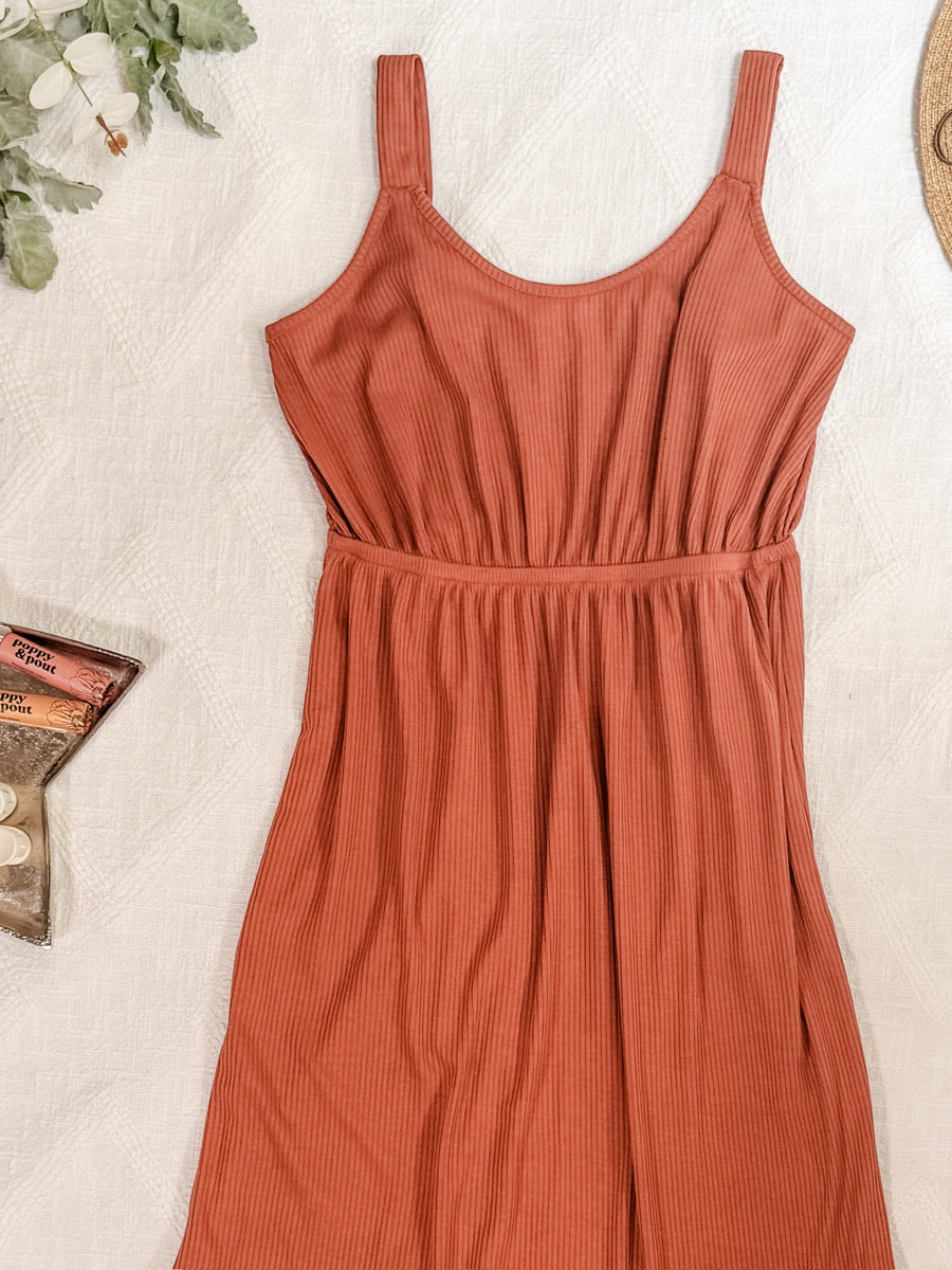 WAREHOUSE Reagan Ribbed Midi Dress - Rust FINAL SALE