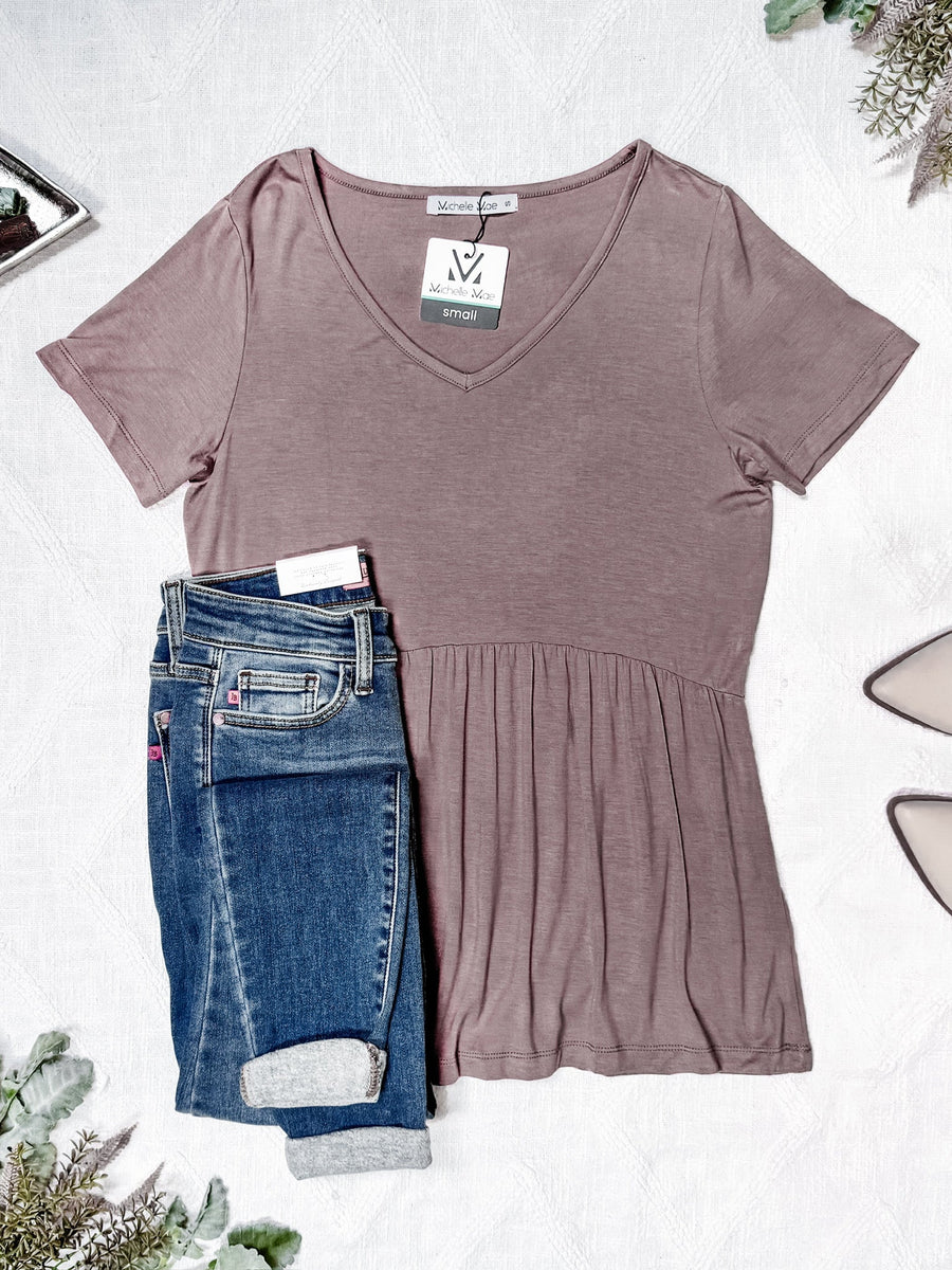 WAREHOUSE Sarah Ruffle Short Sleeve - Mocha FINAL SALE