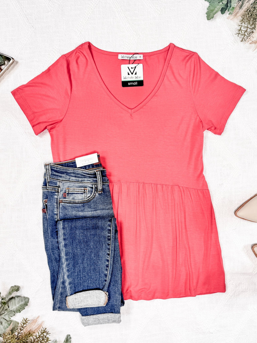 WAREHOUSE Sarah Ruffle Short Sleeve - Deep Coral | Women's Top