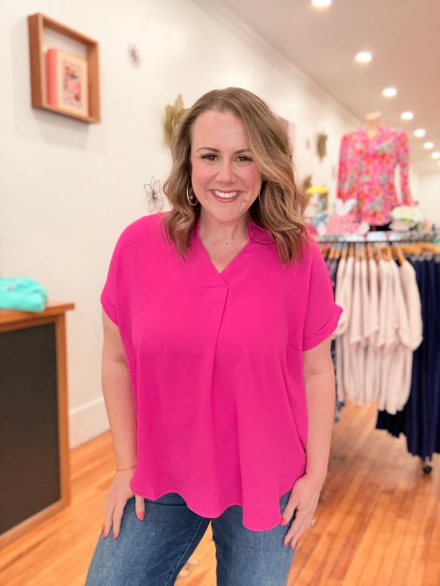 Collared Air Flow Tee- Hot Pink