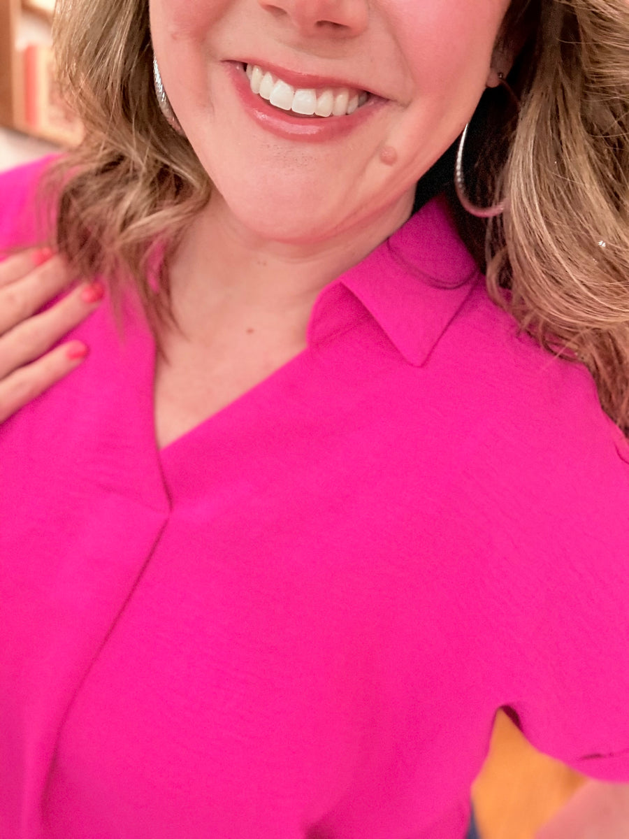 Collared Air Flow Tee- Hot Pink