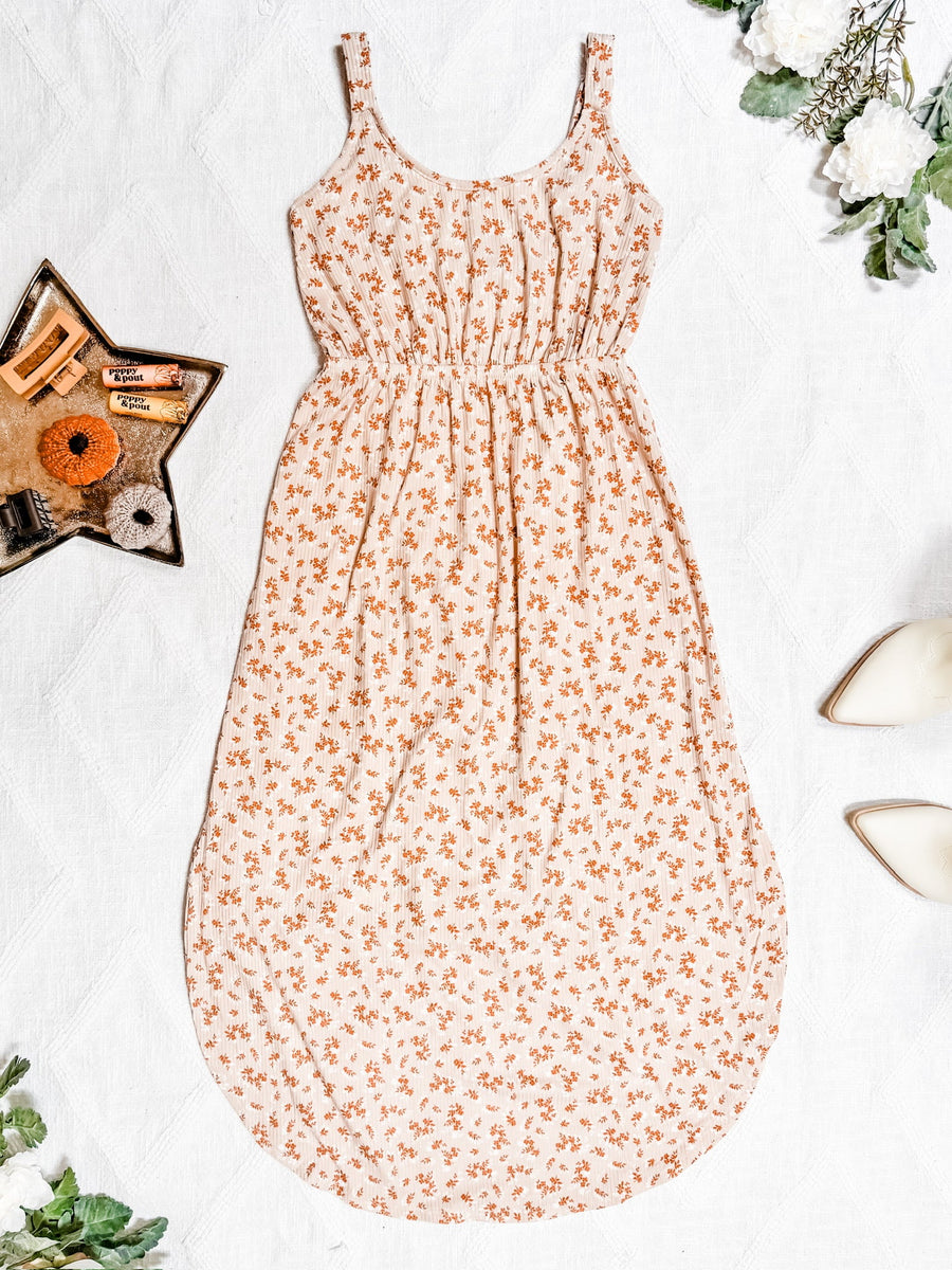 WAREHOUSE Reagan Ribbed Midi Dress - Sand and Rust Floral