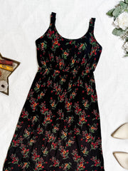 WAREHOUSE Reagan Ribbed Midi Dress - Black Floral