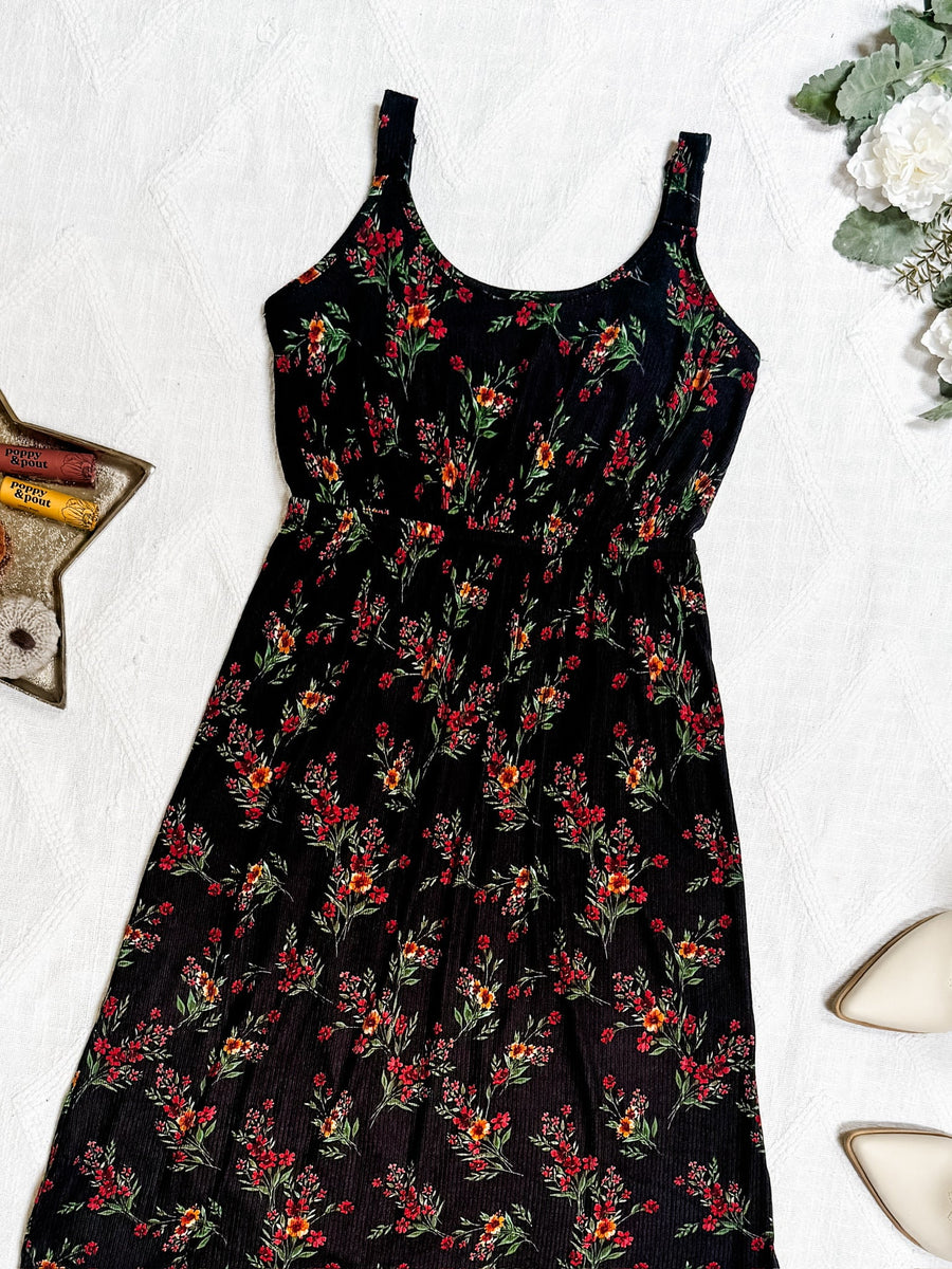WAREHOUSE Reagan Ribbed Midi Dress - Black Floral