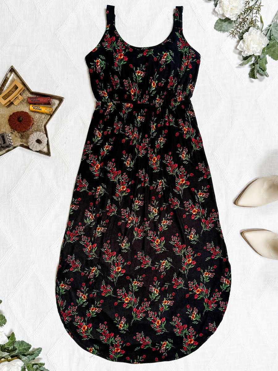 WAREHOUSE Reagan Ribbed Midi Dress - Black Floral