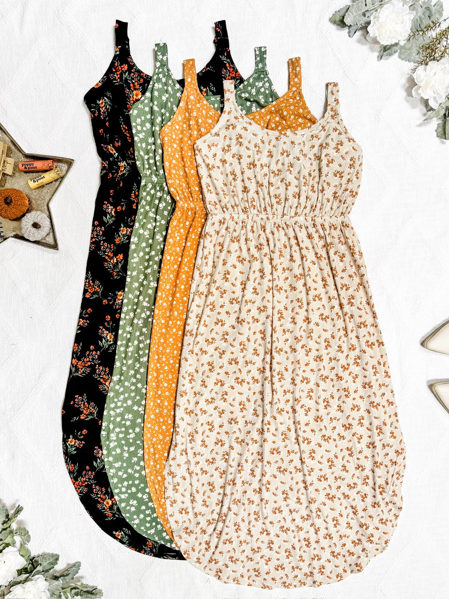 WAREHOUSE Reagan Ribbed Midi Dress - Sand and Rust Floral