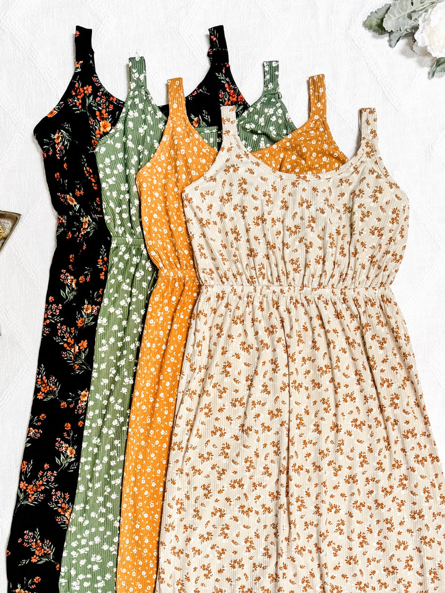 WAREHOUSE Reagan Ribbed Midi Dress - Pumpkin Floral