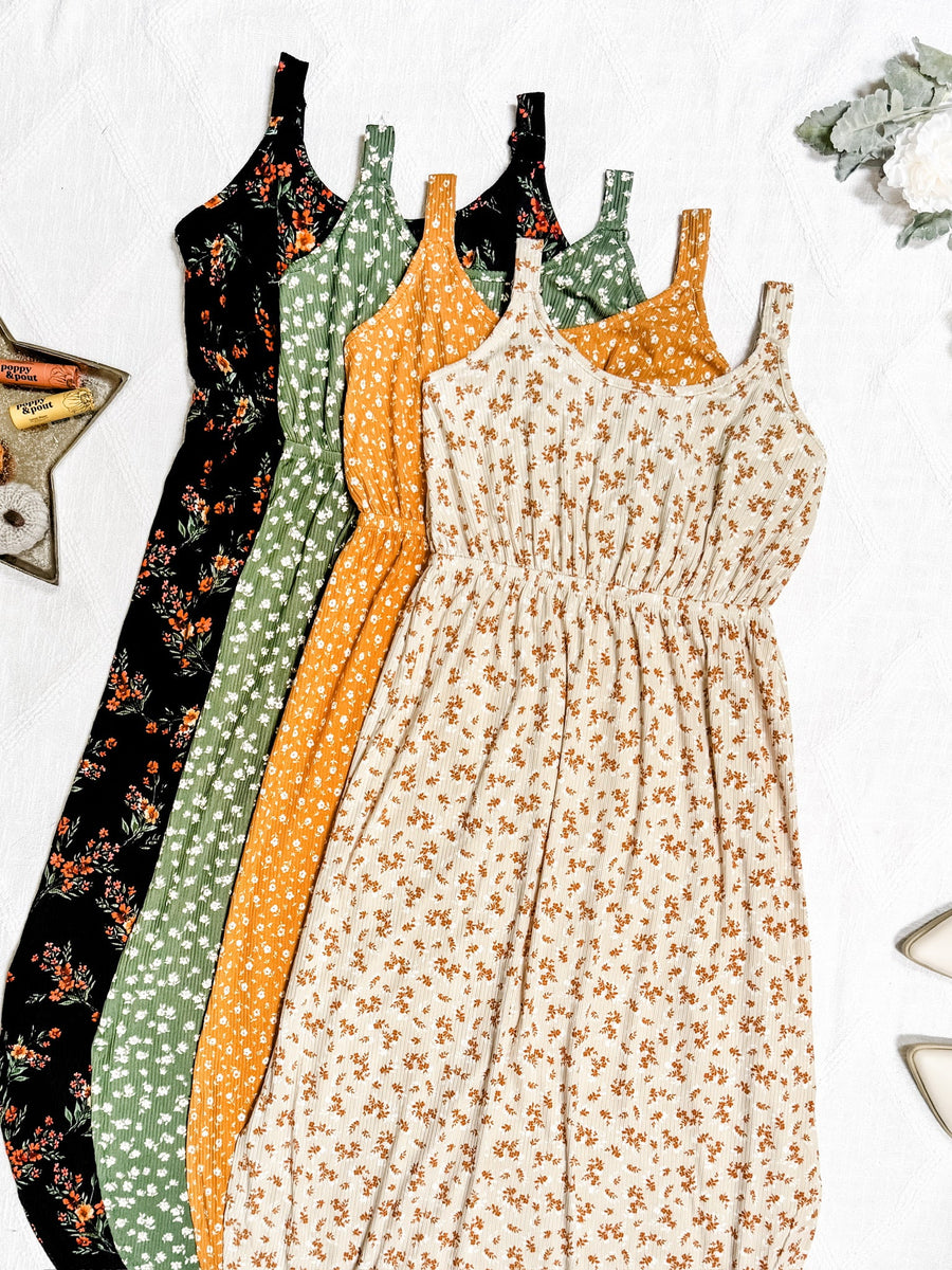 WAREHOUSE Reagan Ribbed Midi Dress - Sand and Rust Floral