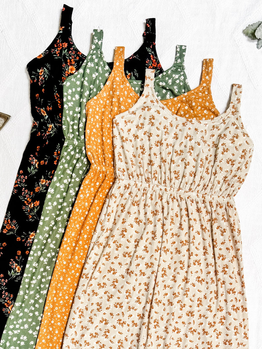 WAREHOUSE Reagan Ribbed Midi Dress - Pumpkin Floral