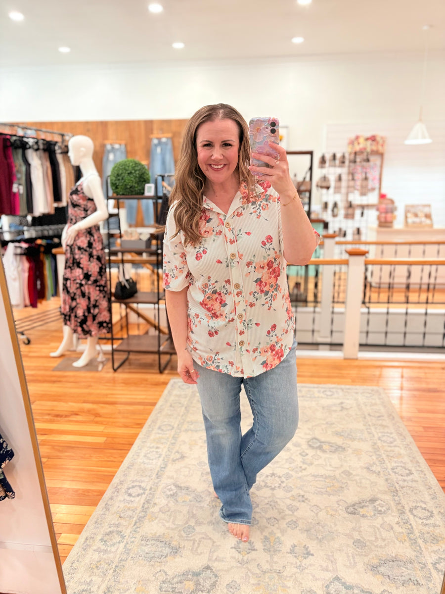 Urban Ribbed Button Up- Coral Floral