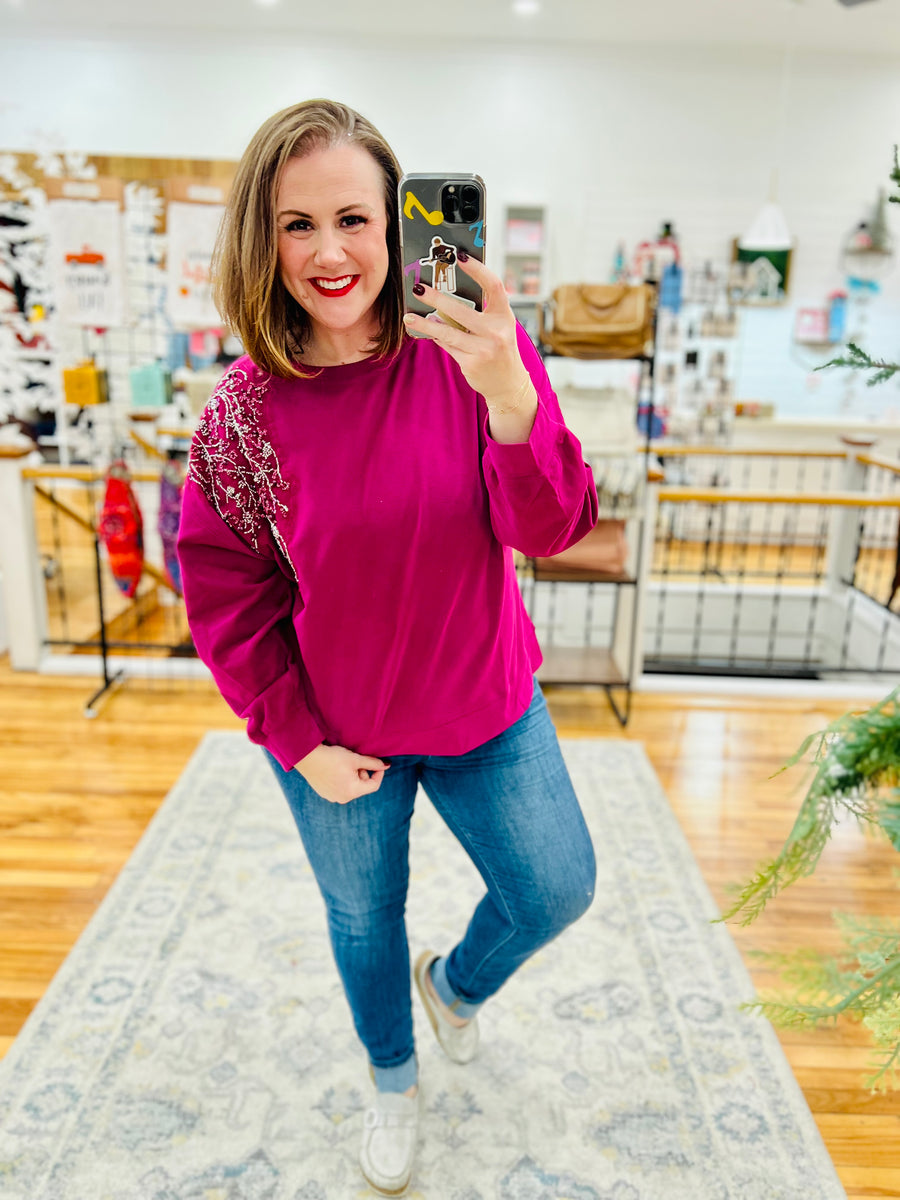 Sparkle Shoulder Sweater- Berry