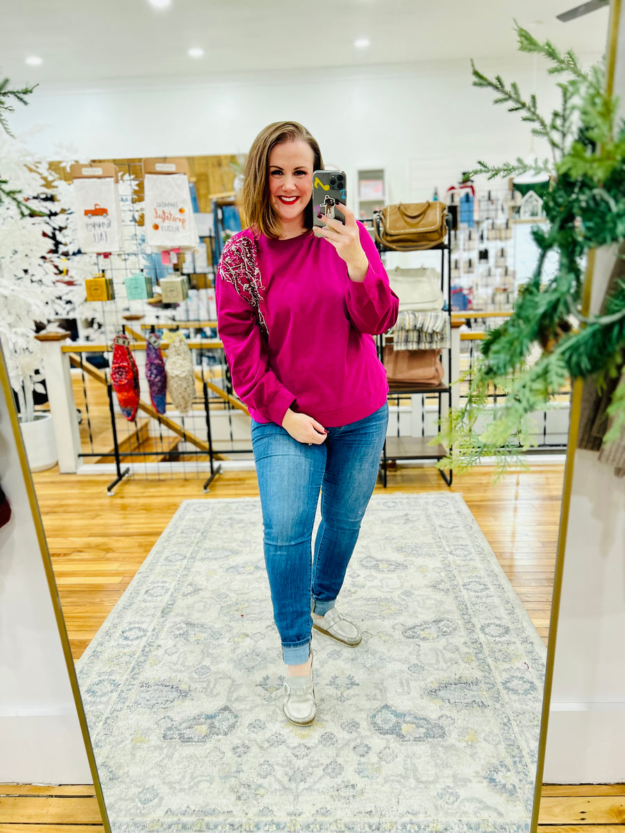 Sparkle Shoulder Sweater- Berry