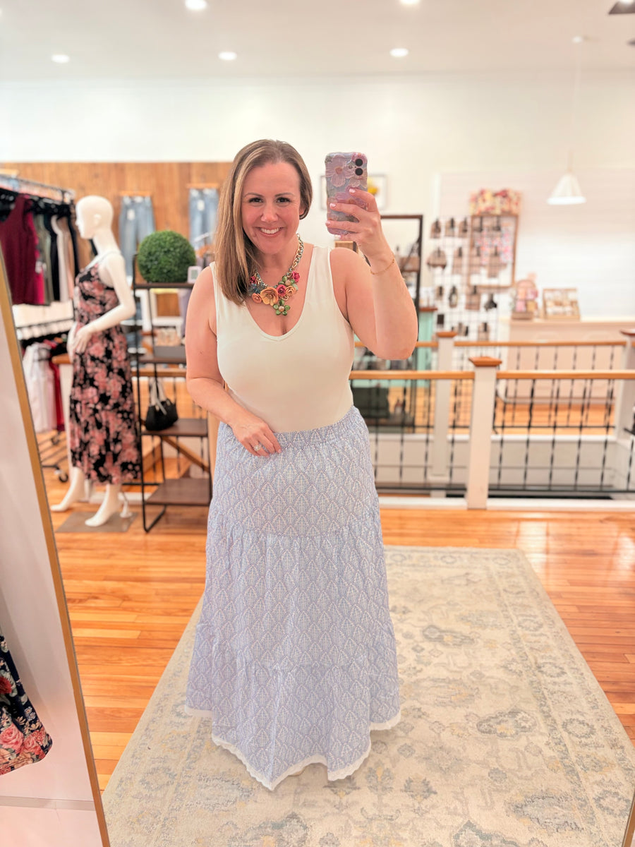 Scalloped Edge Tiered Maxi Skirt