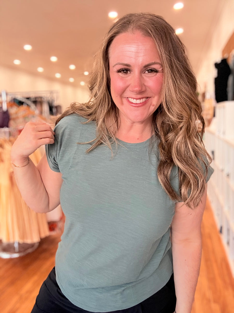 Cotton Rolled Sleeve Tee- Jade