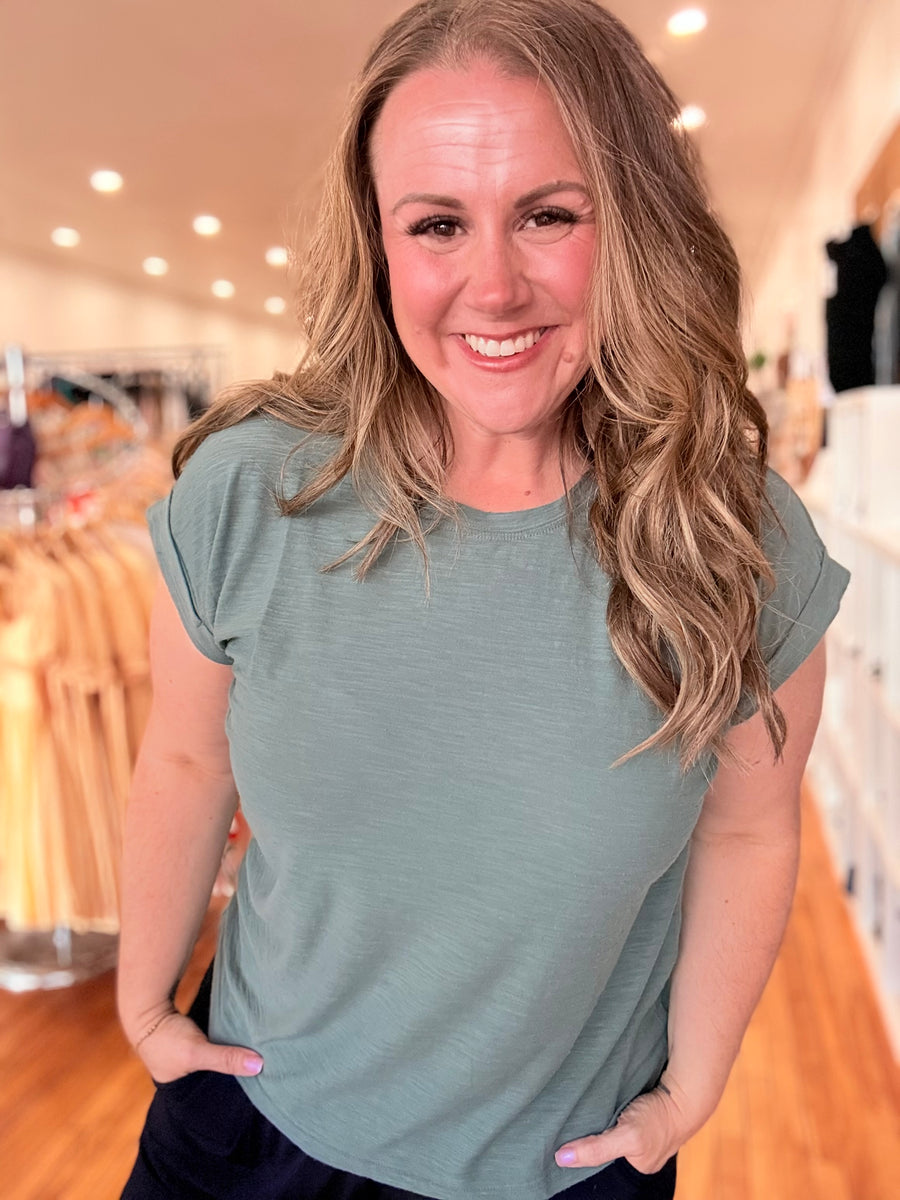 Cotton Rolled Sleeve Tee- Jade