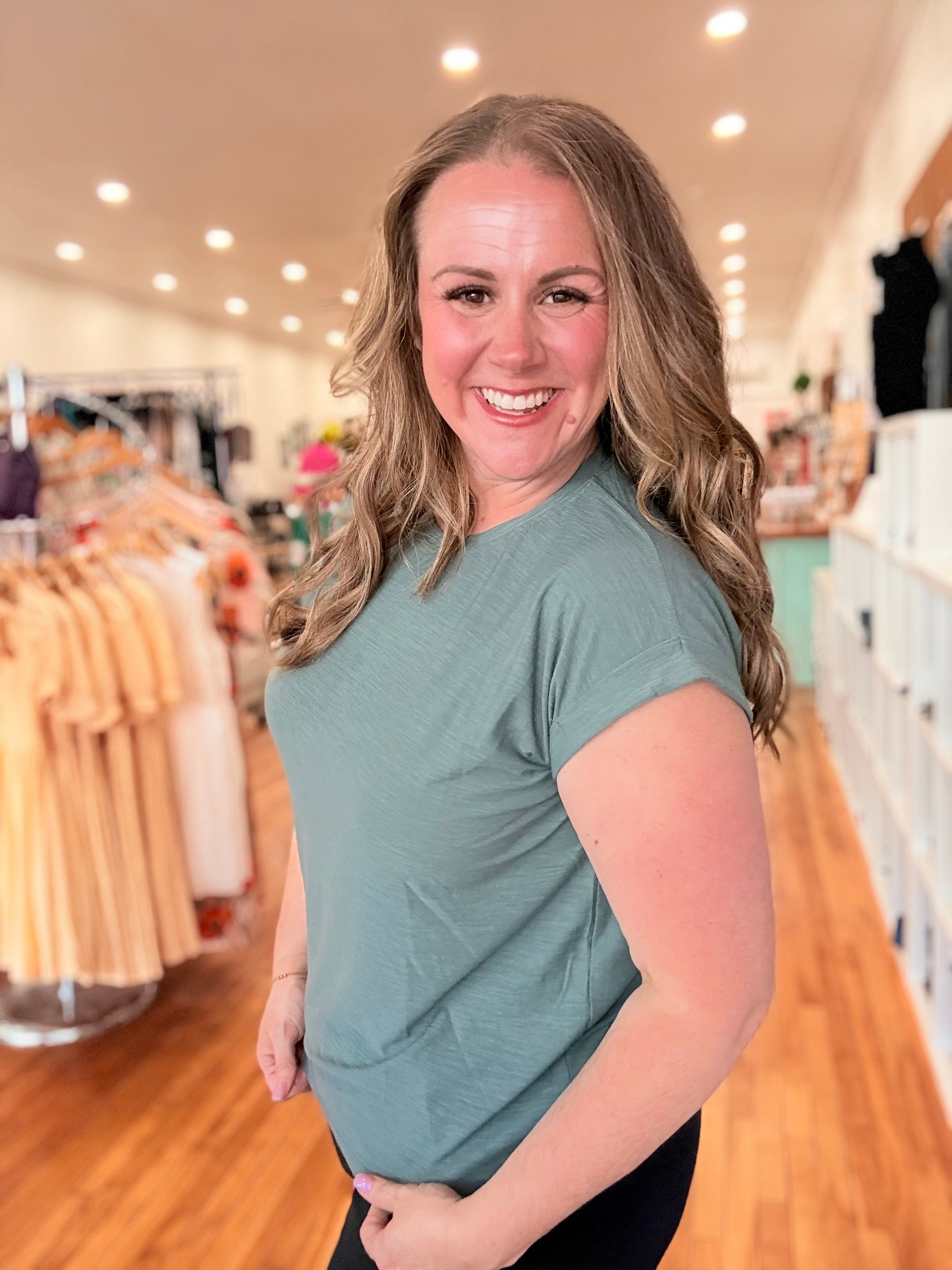 Cotton Rolled Sleeve Tee- Jade
