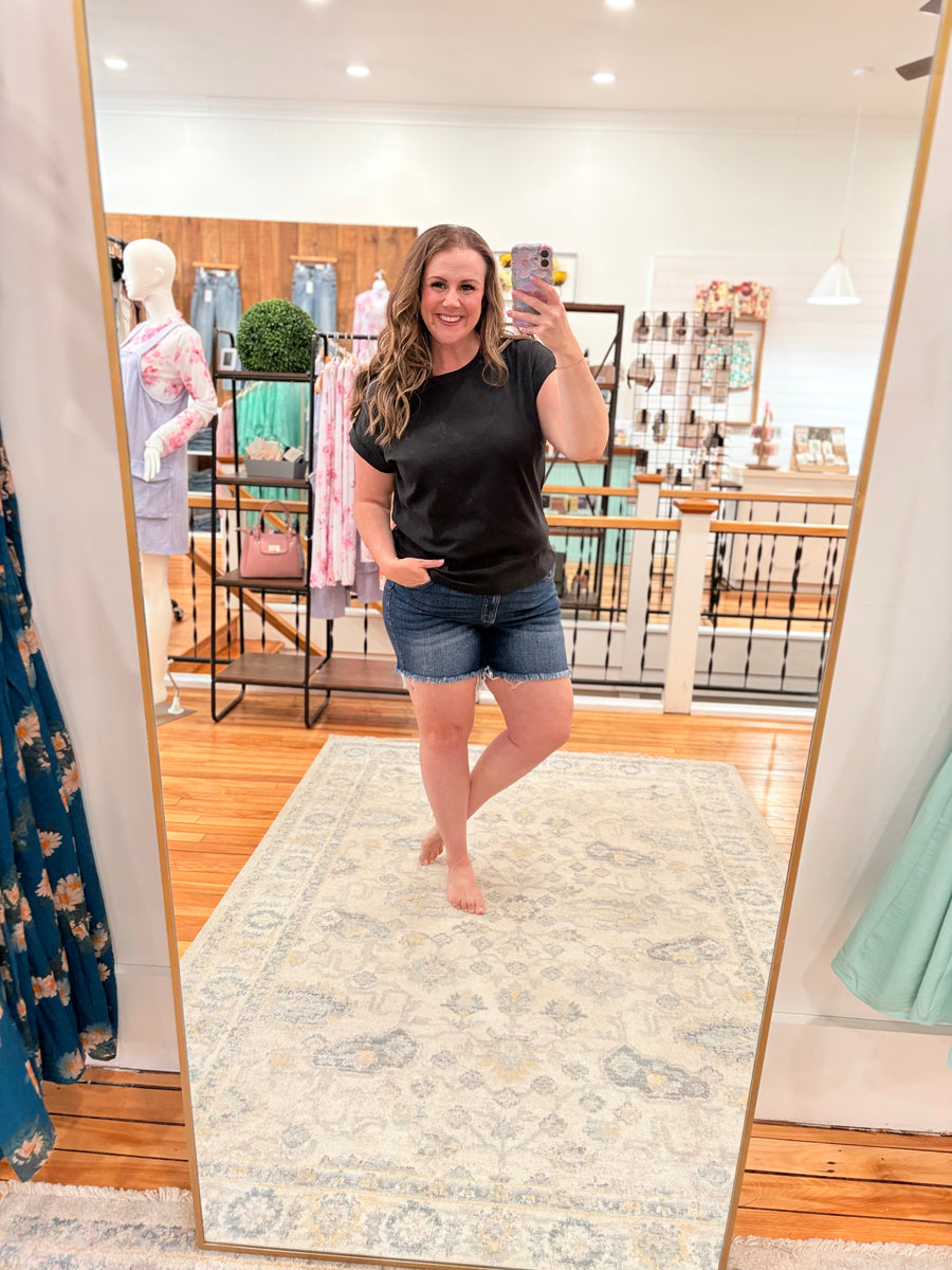 Mid Rise Raw Hem Denim Shorts