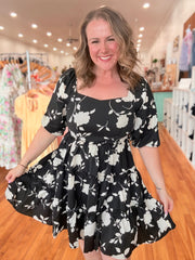 Ruffled Bell Sleeve Mini Dress- Black & White