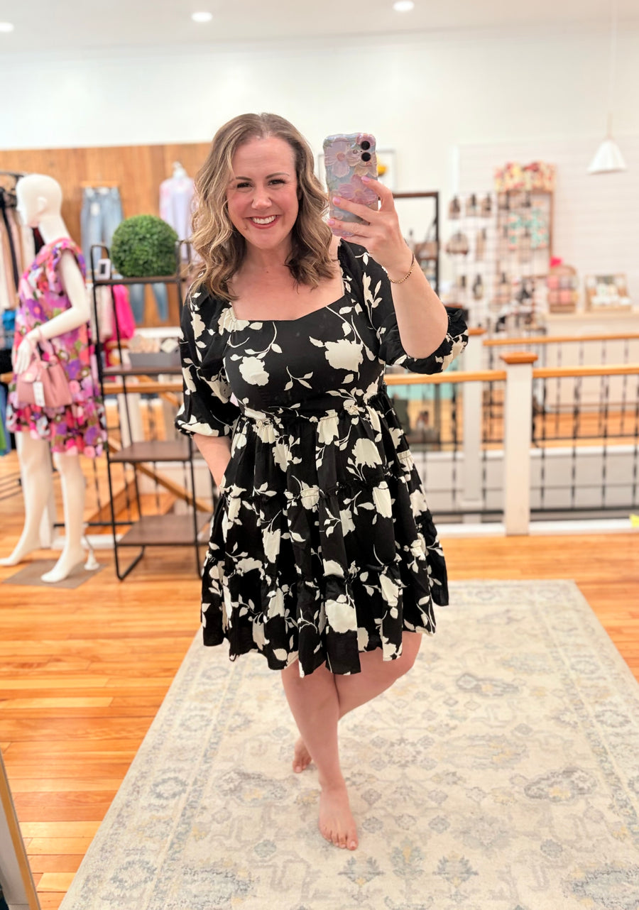 Ruffled Bell Sleeve Mini Dress- Black & White