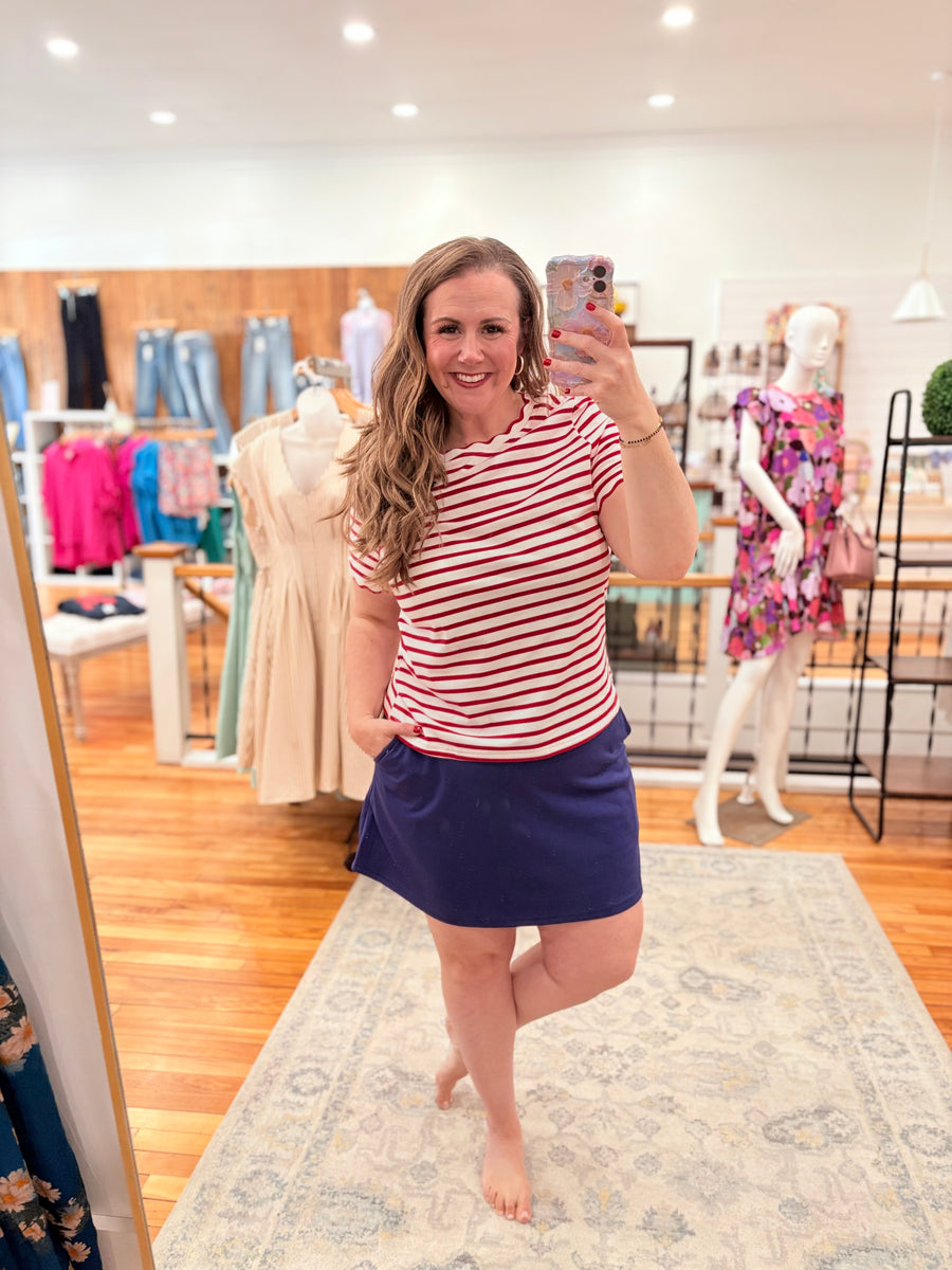 Red Stripe Scalloped Trim Tee