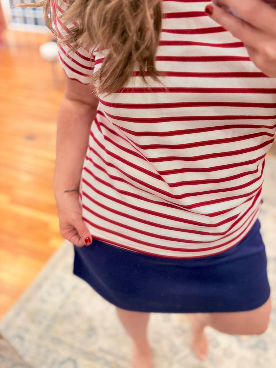 Red Stripe Scalloped Trim Tee