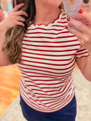 Red Stripe Scalloped Trim Tee