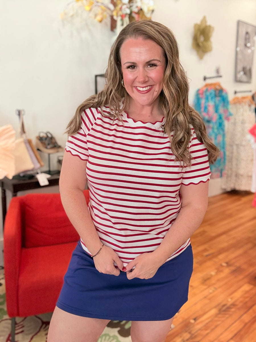 Red Stripe Scalloped Trim Tee