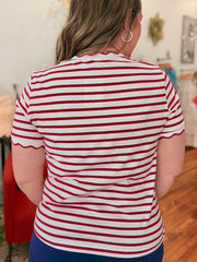 Red Stripe Scalloped Trim Tee