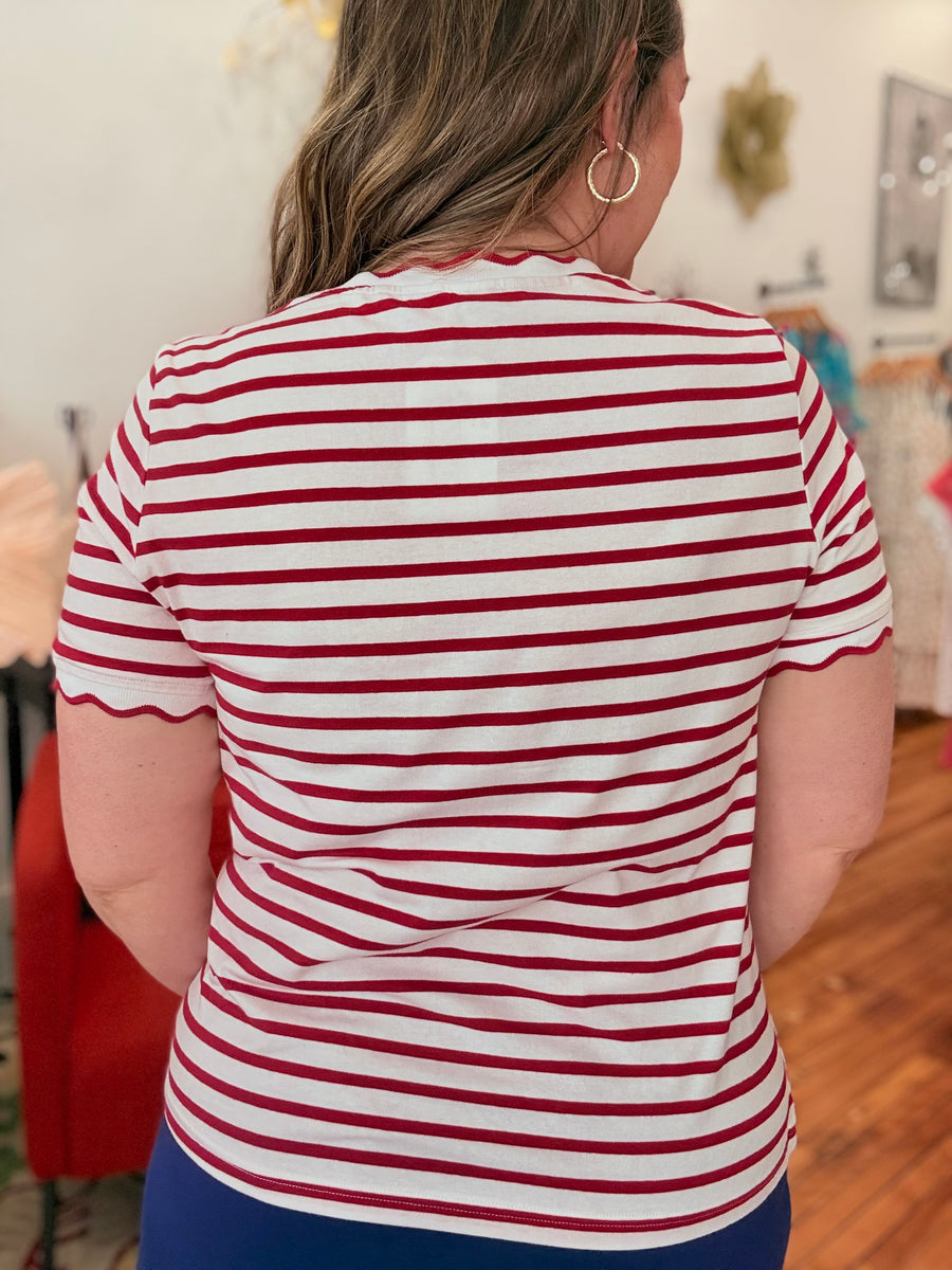 Red Stripe Scalloped Trim Tee