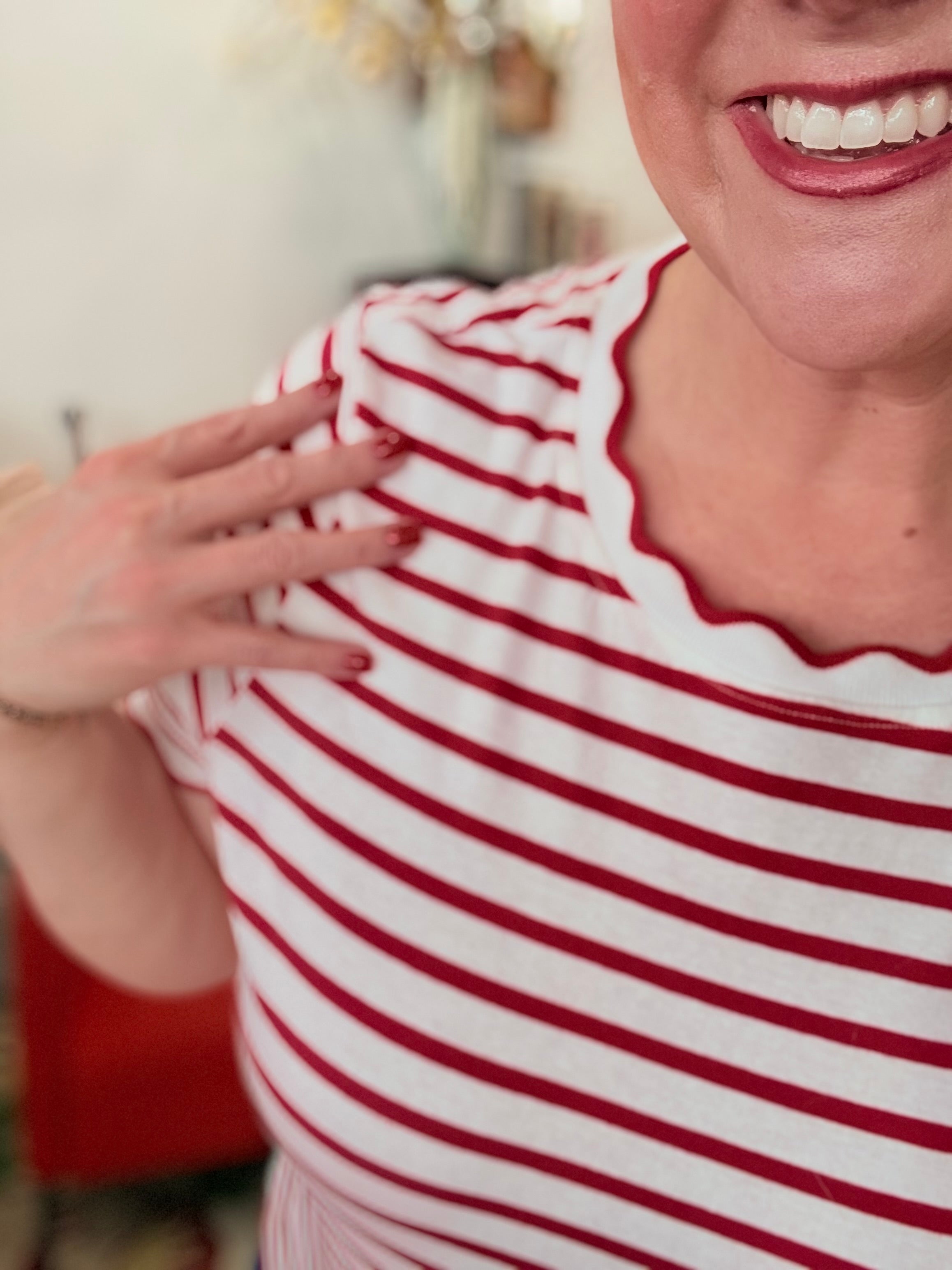 Red Stripe Scalloped Trim Tee