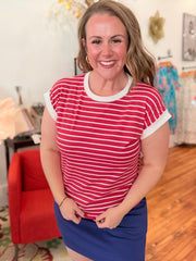 Contrast Trim Cap Sleeve Stripe Tee- Ruby