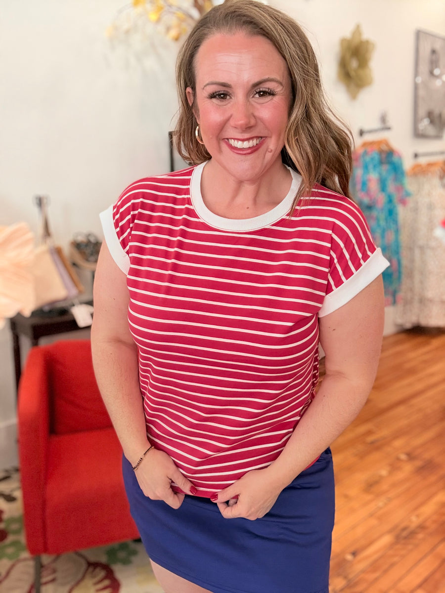 Contrast Trim Cap Sleeve Stripe Tee- Ruby