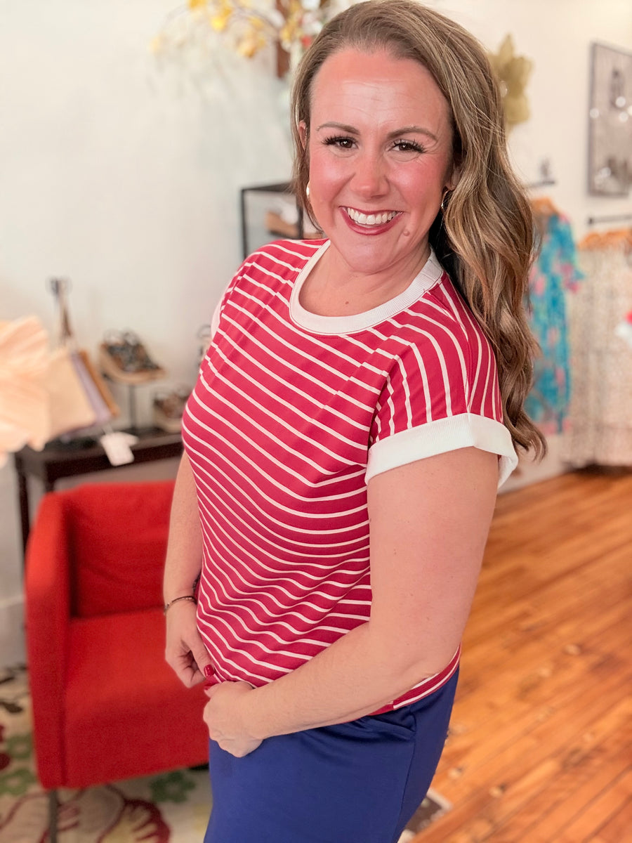Contrast Trim Cap Sleeve Stripe Tee- Ruby