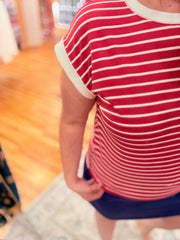 Contrast Trim Cap Sleeve Stripe Tee- Ruby