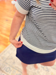 Stripe Contrast Trim Rib Banded Top- Navy