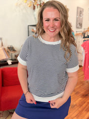 Stripe Contrast Trim Rib Banded Top- Navy