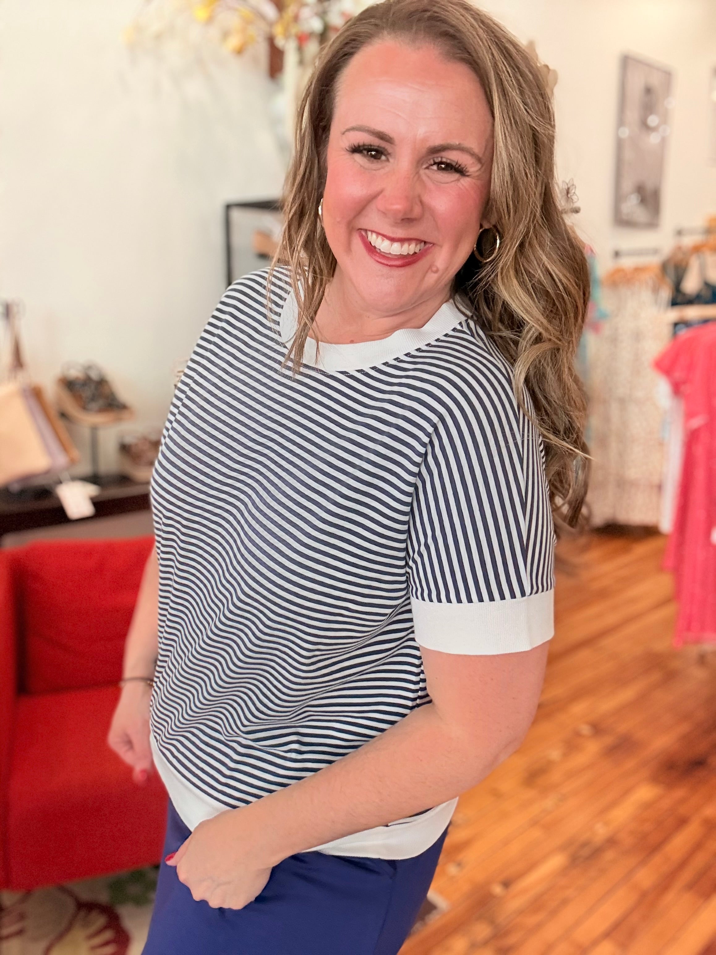 Stripe Contrast Trim Rib Banded Top- Navy
