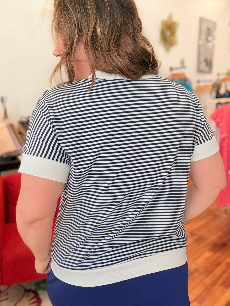 Stripe Contrast Trim Rib Banded Top- Navy