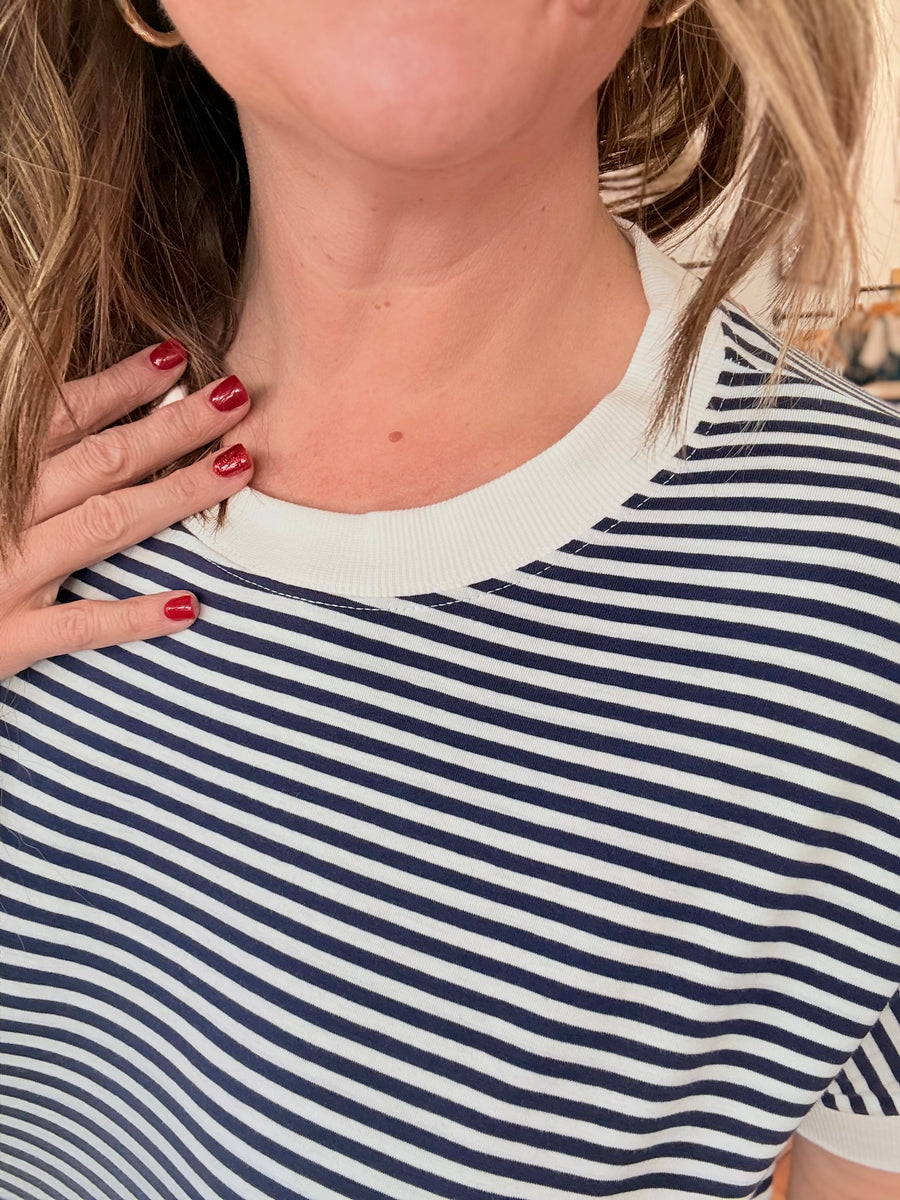 Stripe Contrast Trim Rib Banded Top- Navy