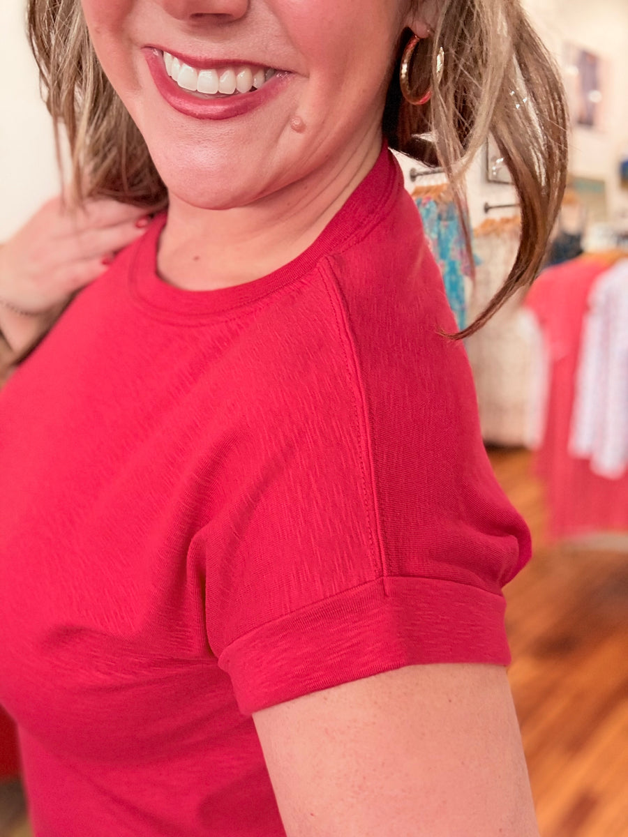 Cotton Rolled Sleeve Tee- Ruby