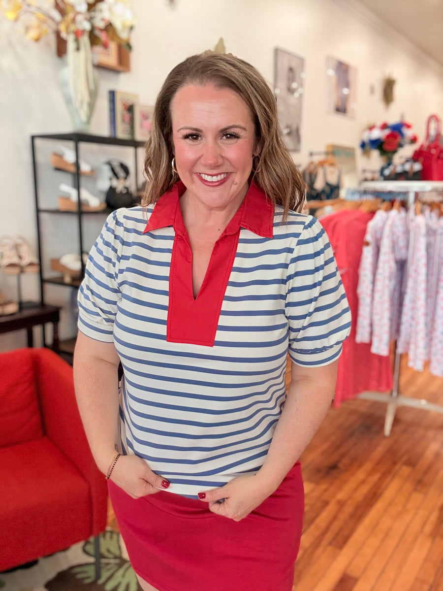 Blue Stripe Short Puff Sleeve Color Block Polo