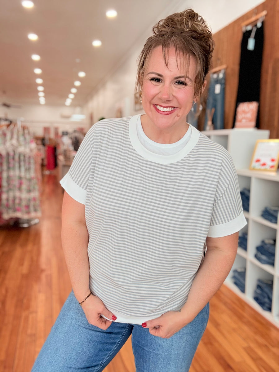 Stripe Contrast Trim Rib Banded Top- Grey