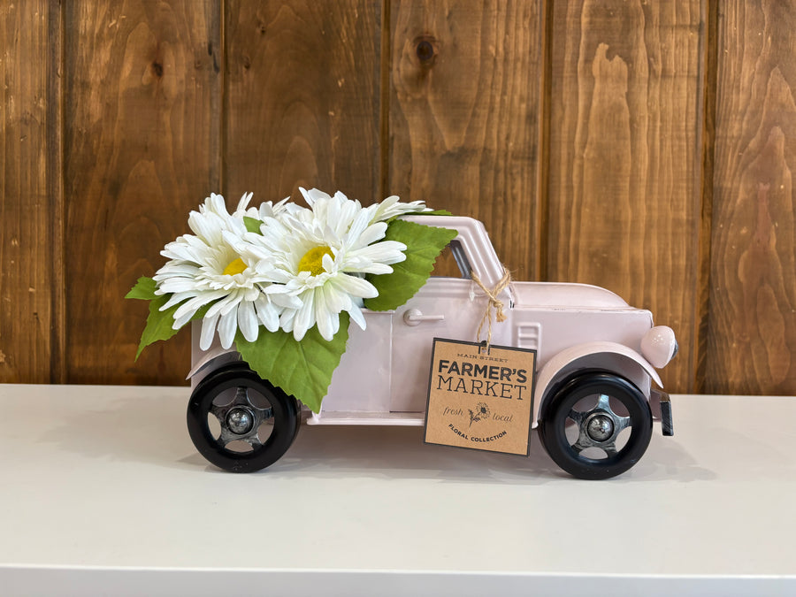 Pink Metal Truck with White Flowers