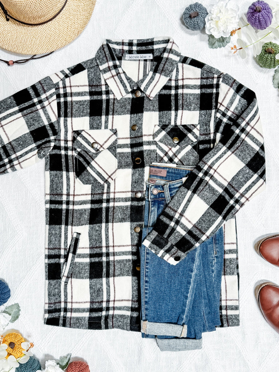 WAREHOUSE Norah Plaid Shacket - Ivory and Black