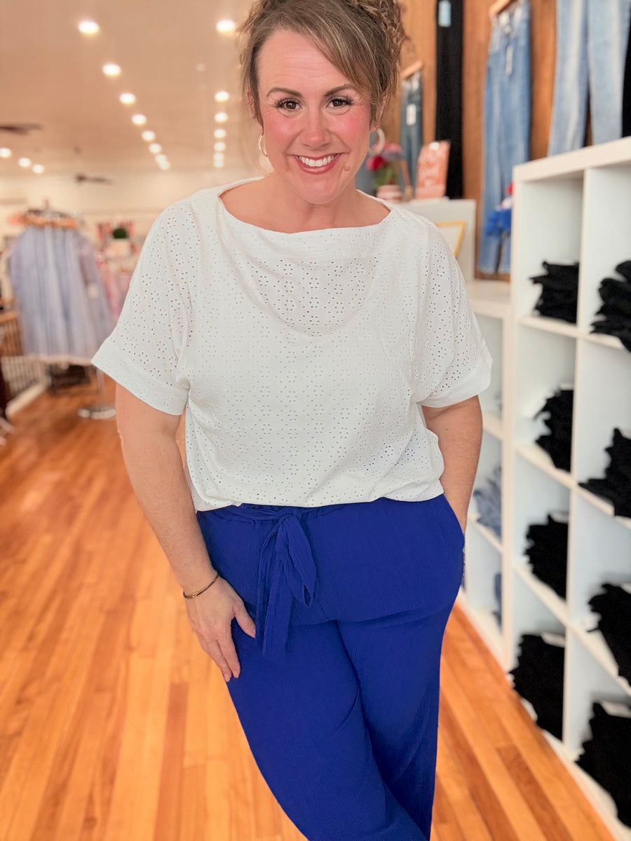 White Eyelet Boat Neck Tee