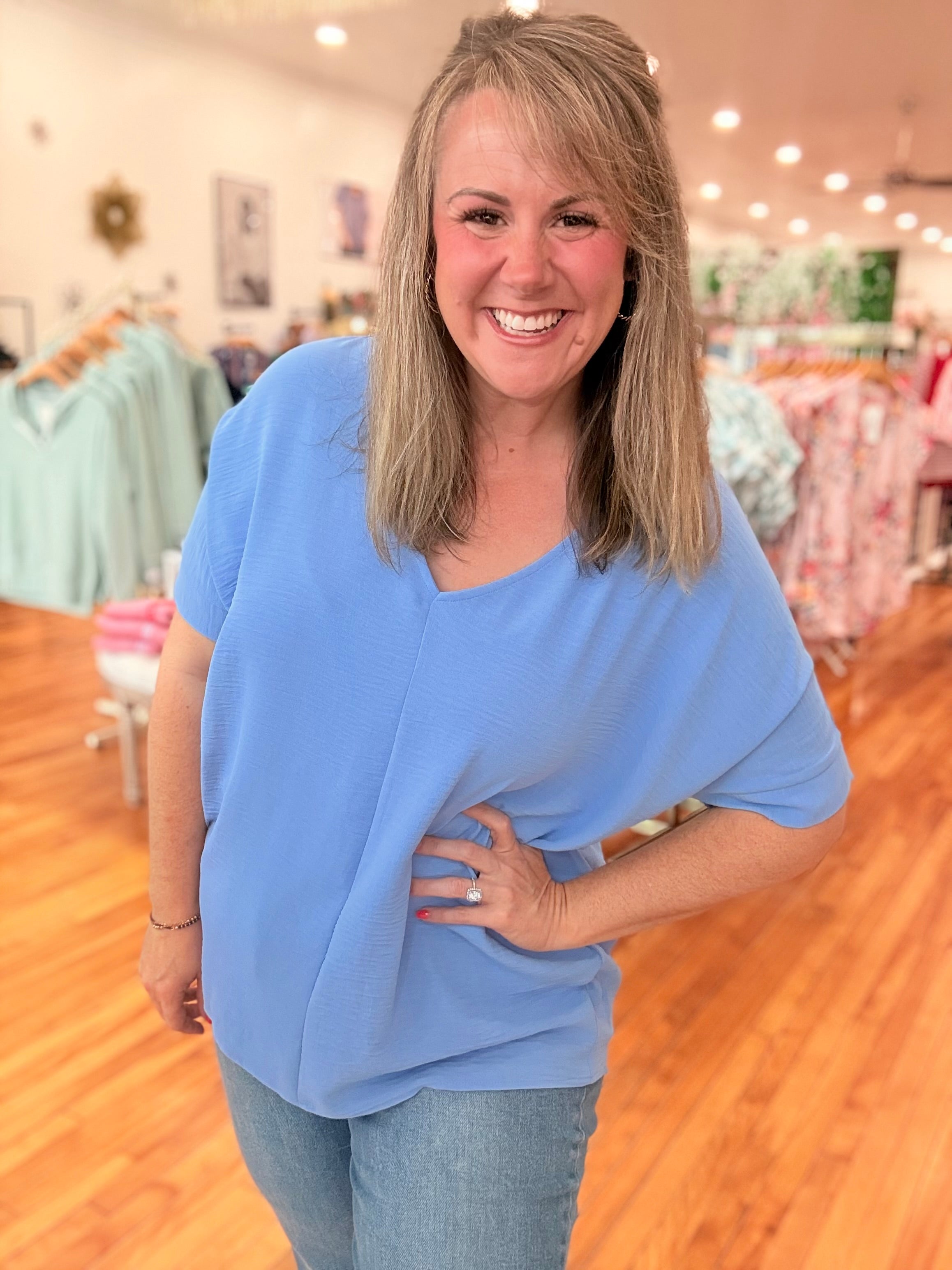 Airflow V-neck Dolman Top- Cornflower