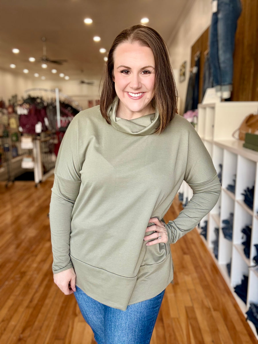 Cowl Neck Tunic Sweater- Light Olive FINAL SALE
