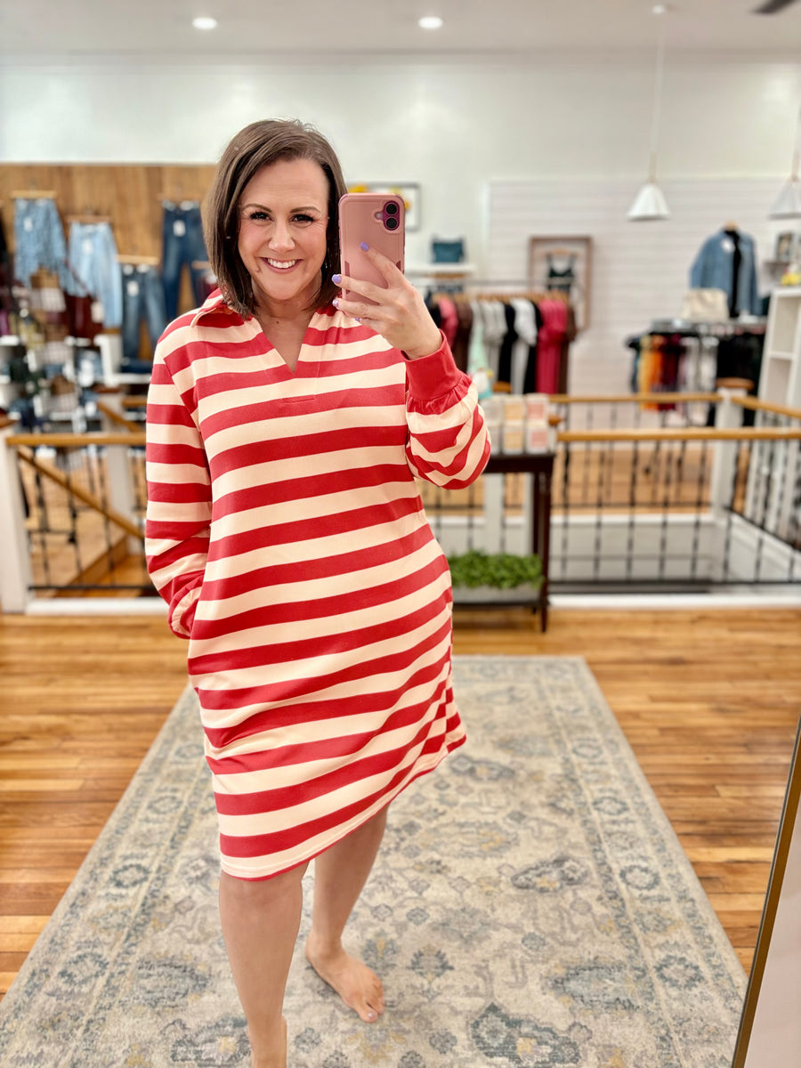 Long Sleeve Beach Babe Dress- Pink Stripe