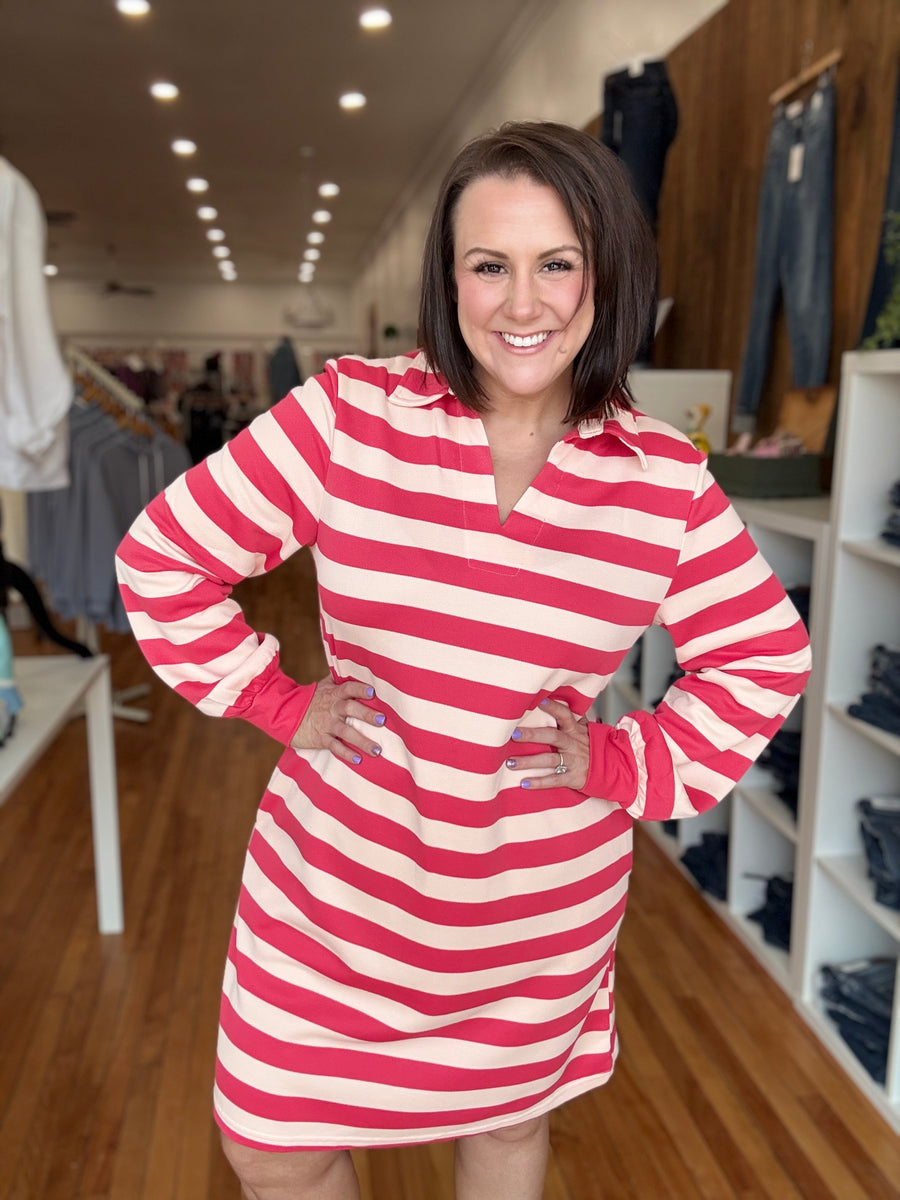 Long Sleeve Beach Babe Dress- Pink Stripe