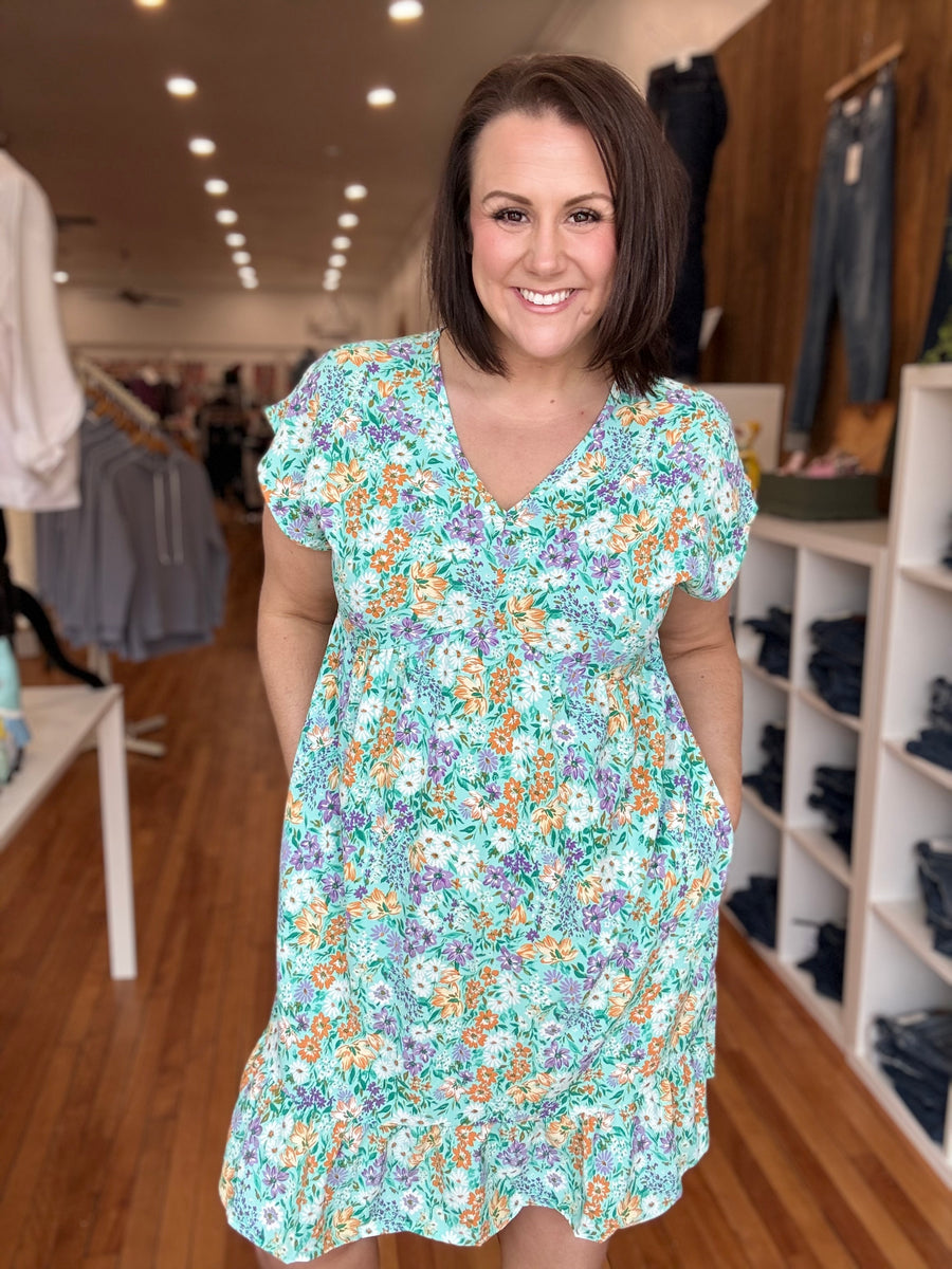 Floral Bouquet Babydoll Dress- Mint